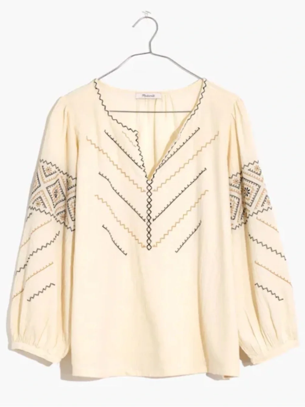 Madewell Embroidered Peasant Blouse - Cream with Black & Brown Stitching